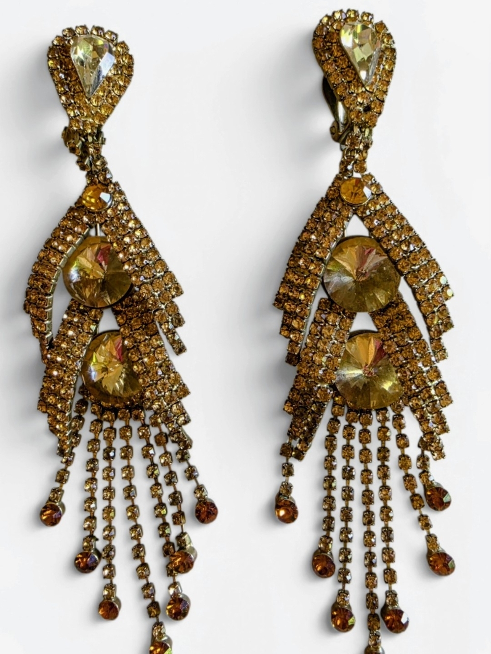 Vintage Gold-Tone Amber Crystal Dangle Earrings